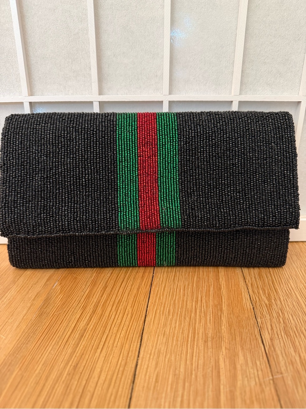 Beaded Color Block clutch with Black & Green stripes